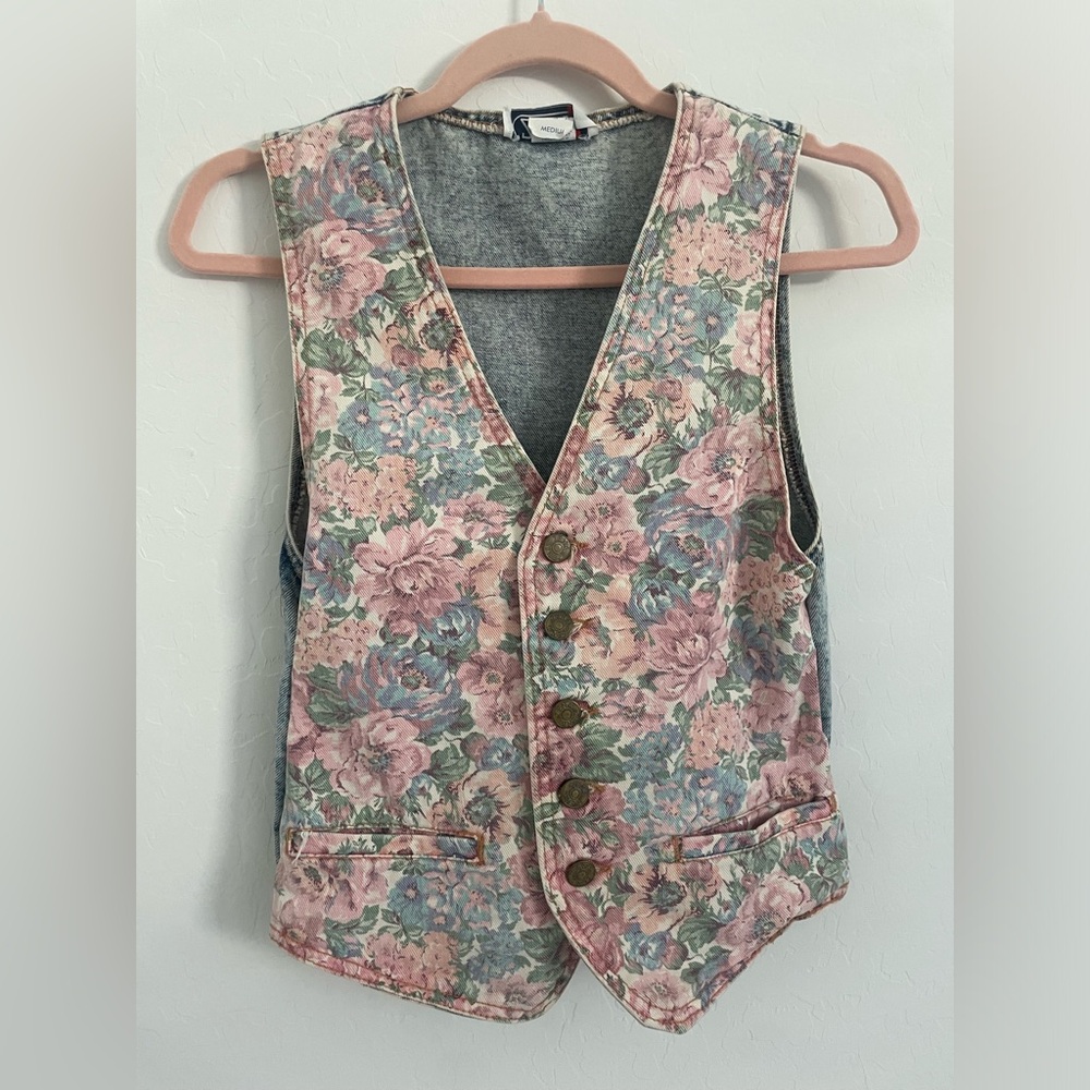 Vintage Zena Denim Vest floral and acid wash